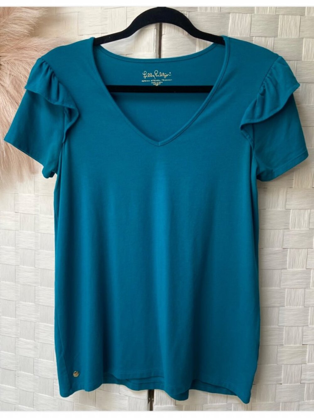 Lilly Pulitzer Pima Cotton Turquoise Blouse Ruffle Sleeve Top Size XS